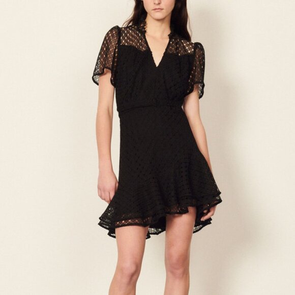 NWT Sandro Nadia Black Lace Mini Dress S